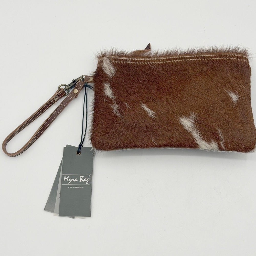 Myra Bag Cowhide Hair-on-Hide Wristlet Clutch Brown Grey Spotted NEW 6"x9"